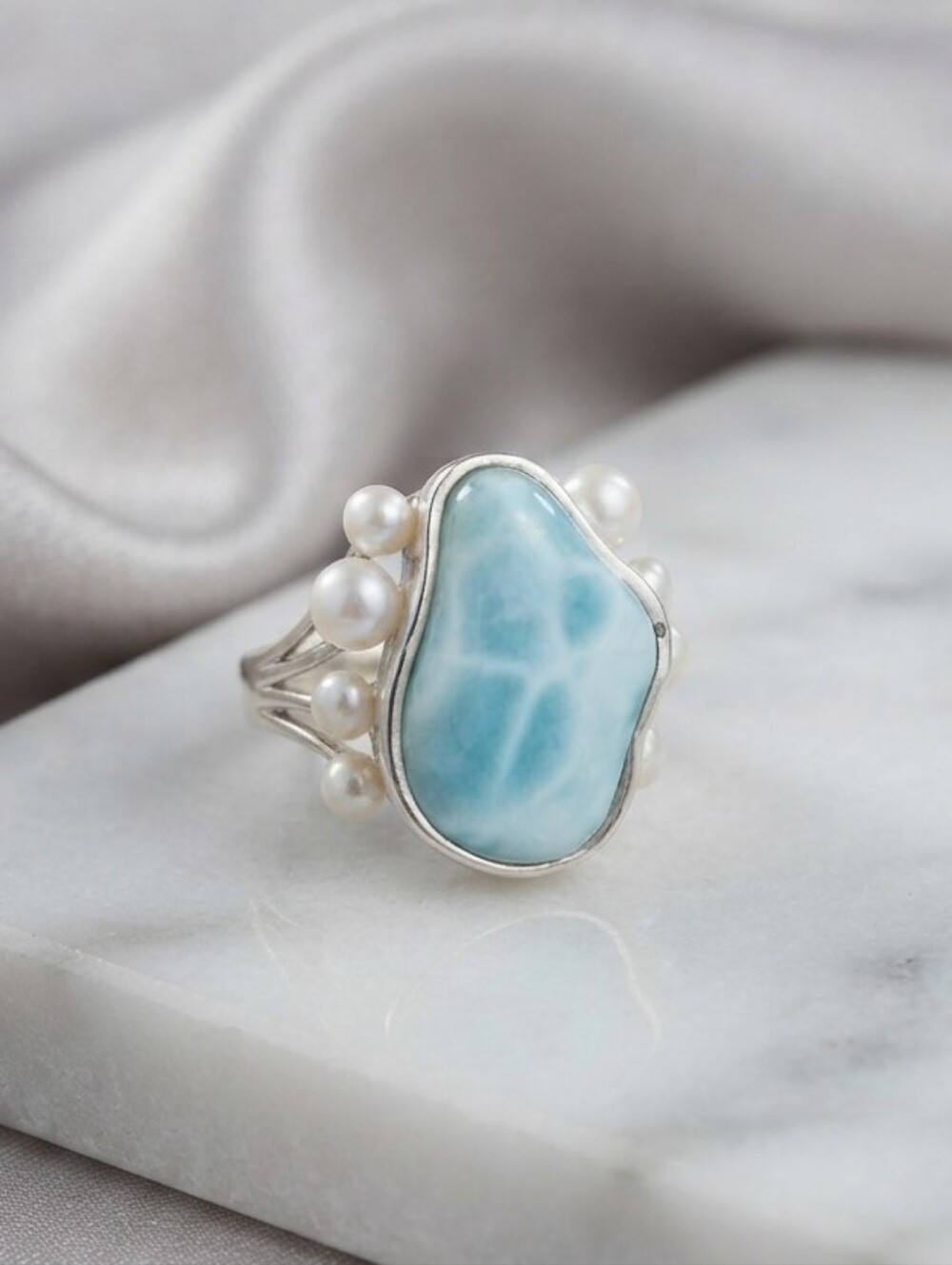 Larimar & Freshwater Pearl Pond Ocean Inspired Rhodium Over 925 Ring 7.50 CTW